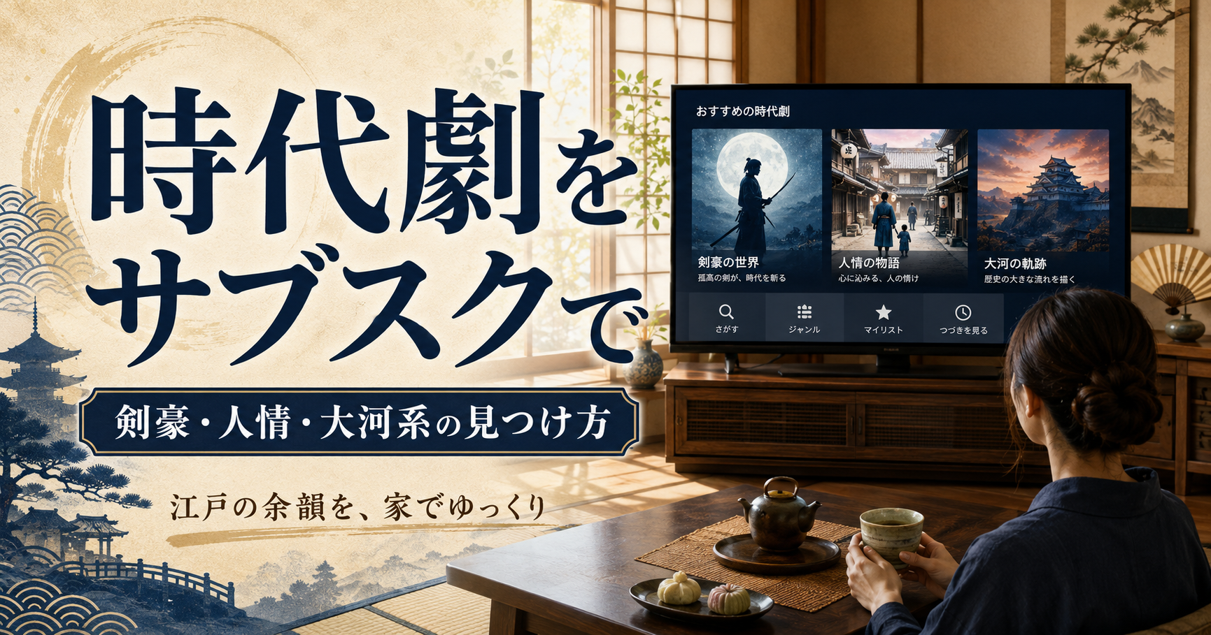 和室のテレビで剣豪・人情・大河系の時代劇をじっくり味わうイメージ