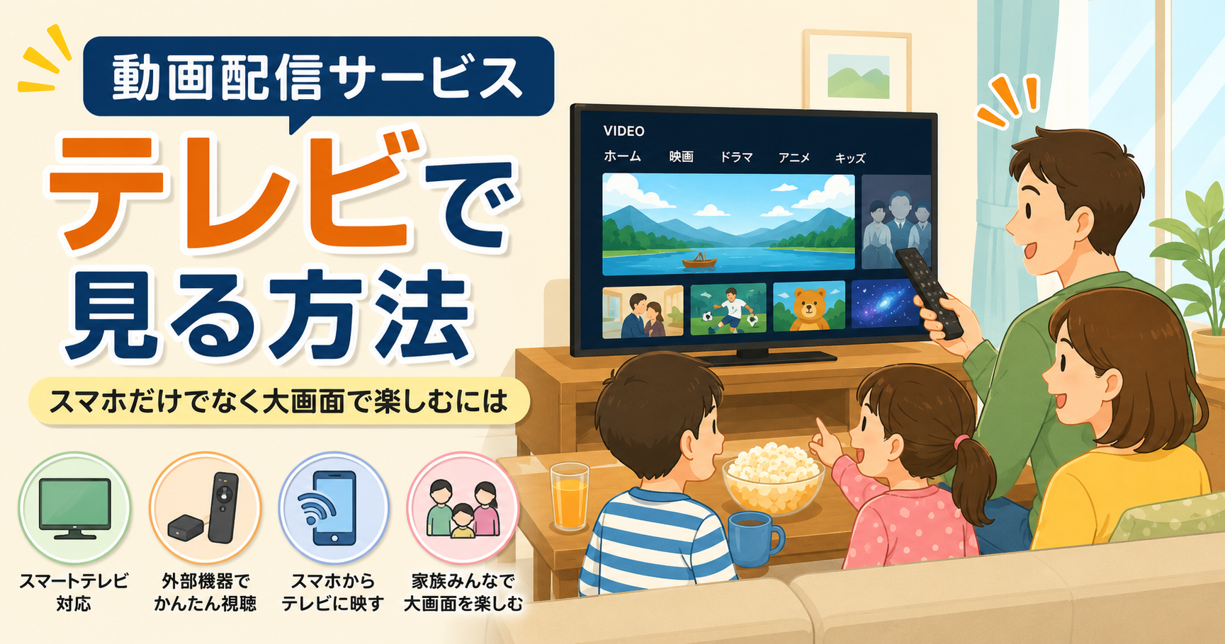 家族がテレビの大画面で動画配信サービスを楽しむイメージ