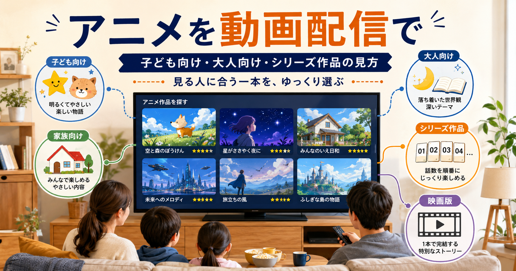 リビングのテレビ画面を中心に、子ども向け・大人向け・家族向け・シリーズ作品・映画版アニメを見分けるイメージ