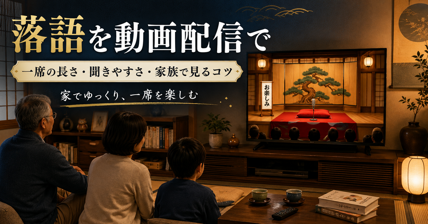 和室風のリビングでテレビの寄席映像を見ながら落語を動画配信で楽しむイメージ