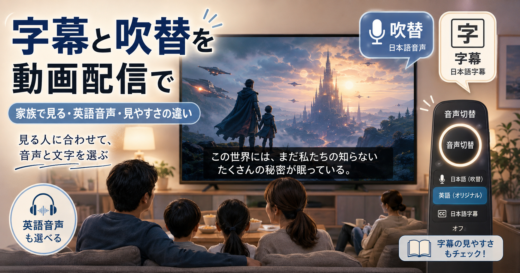 テレビ画面で字幕と吹替を切り替えながら、家族や一人時間に合わせて動画配信を見るイメージ