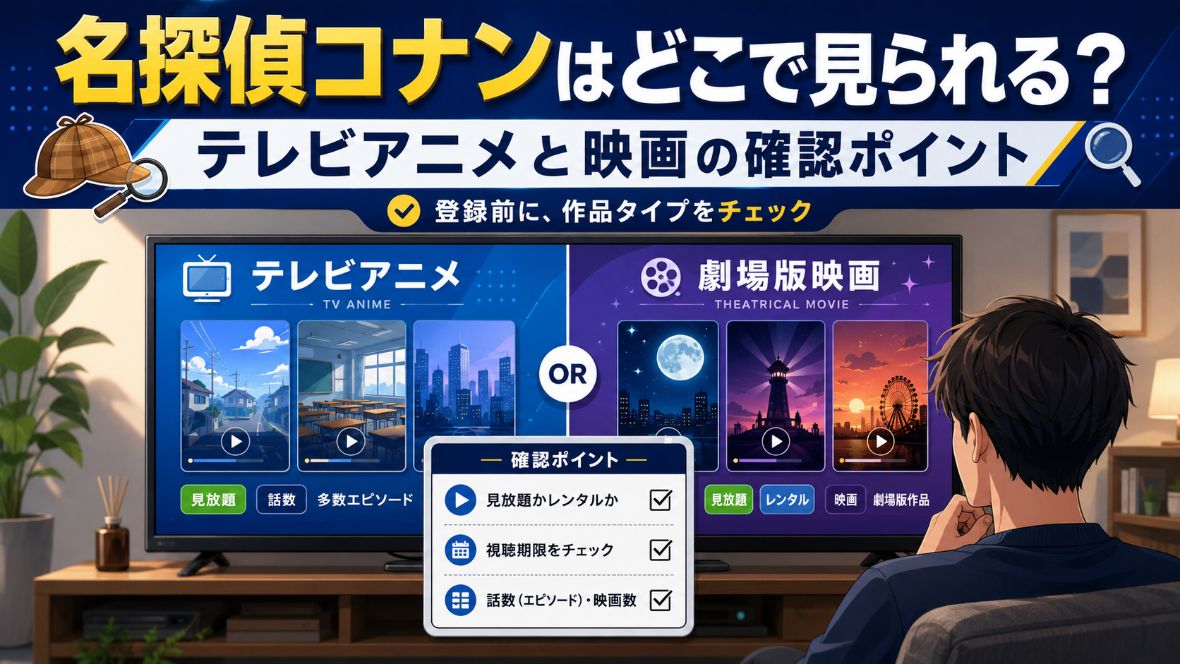 テレビ画面の左右2分割UIで名探偵コナンのテレビアニメと劇場版映画を分けて確認するイメージ