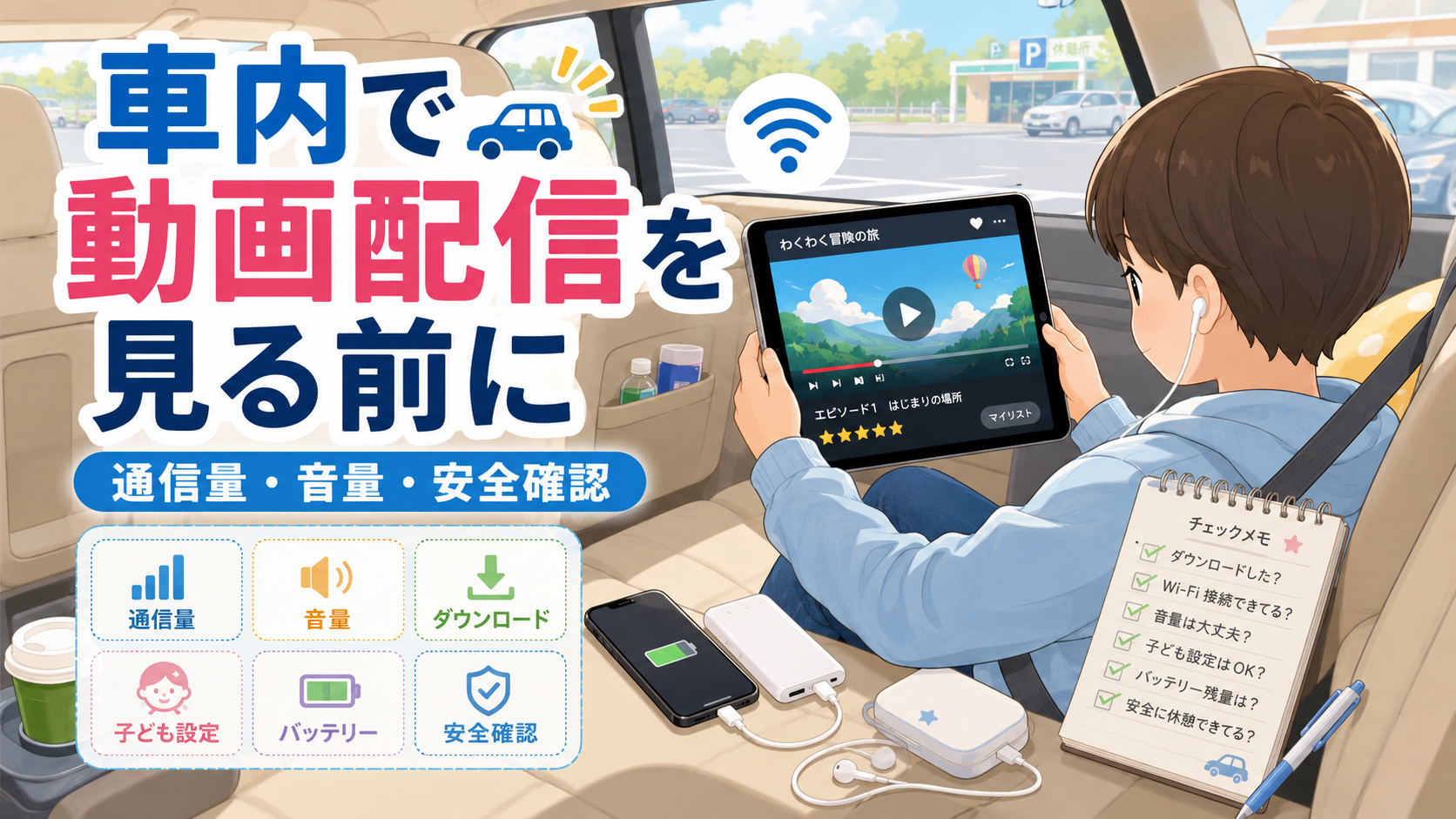 明るい停車中の車内で同乗者がスマホやタブレットの動画配信画面を確認し、通信量や音量、安全確認を見直すイメージ