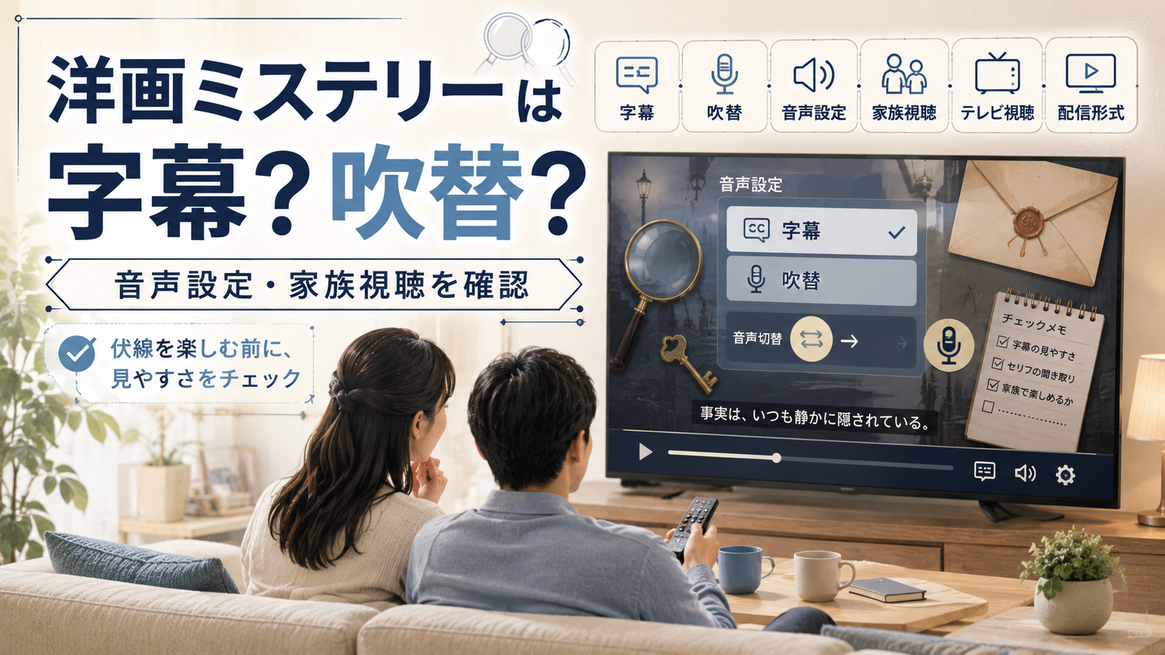落ち着いたリビングで洋画ミステリー風の再生画面を見ながら字幕・吹替・音声設定・家族視聴を確認するイメージ