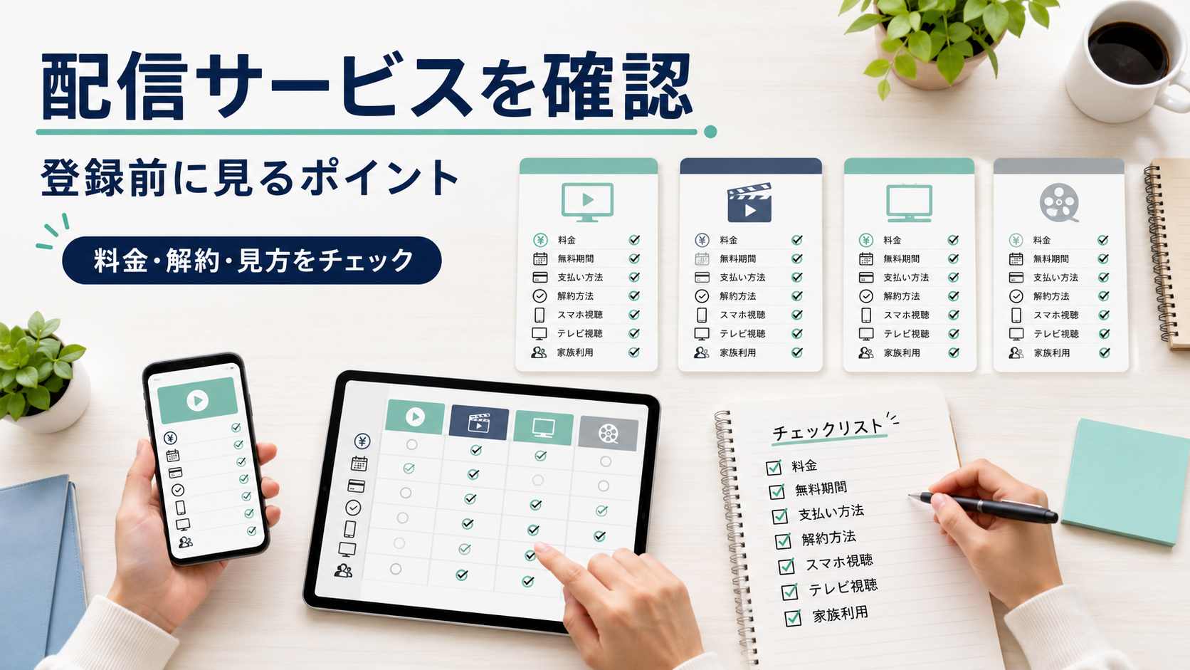 動画配信サービスを登録前に料金や解約方法とあわせて確認する人のイメージ