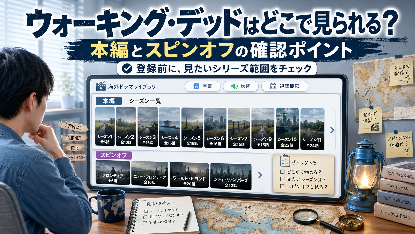 架空の海外ドラマ配信ライブラリ画面でウォーキング・デッドの本編とスピンオフを分けて確認するイメージ