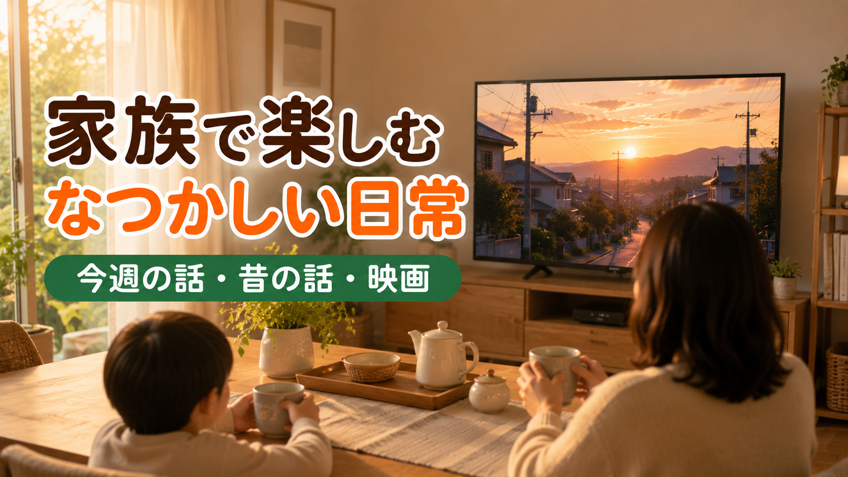 日曜の夕方に家族で懐かしい日常アニメを見る準備をするダイニング