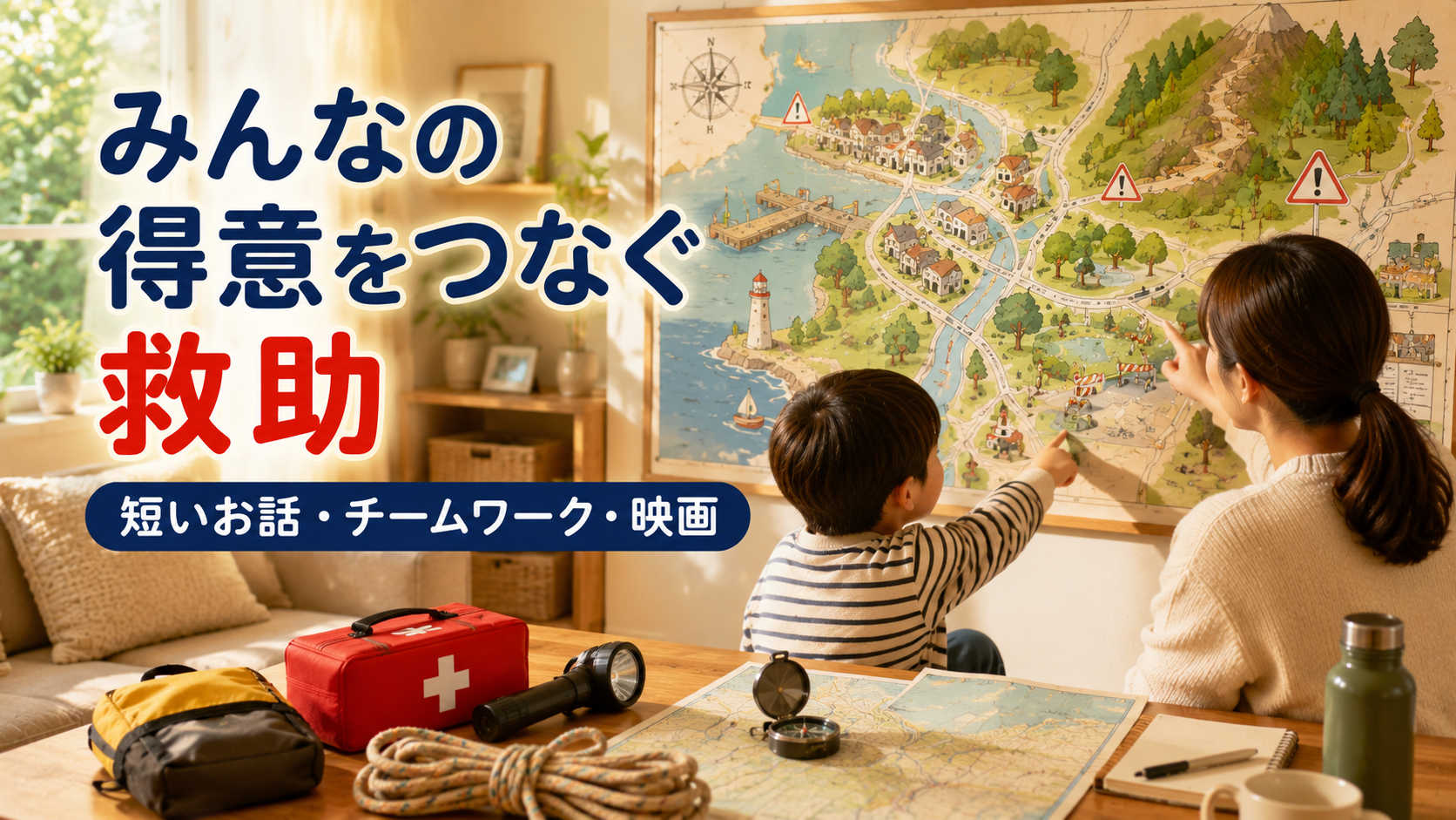 親子が街の地図と安全用品を見ながら家族で楽しむ救助ミッションを選ぶ場面