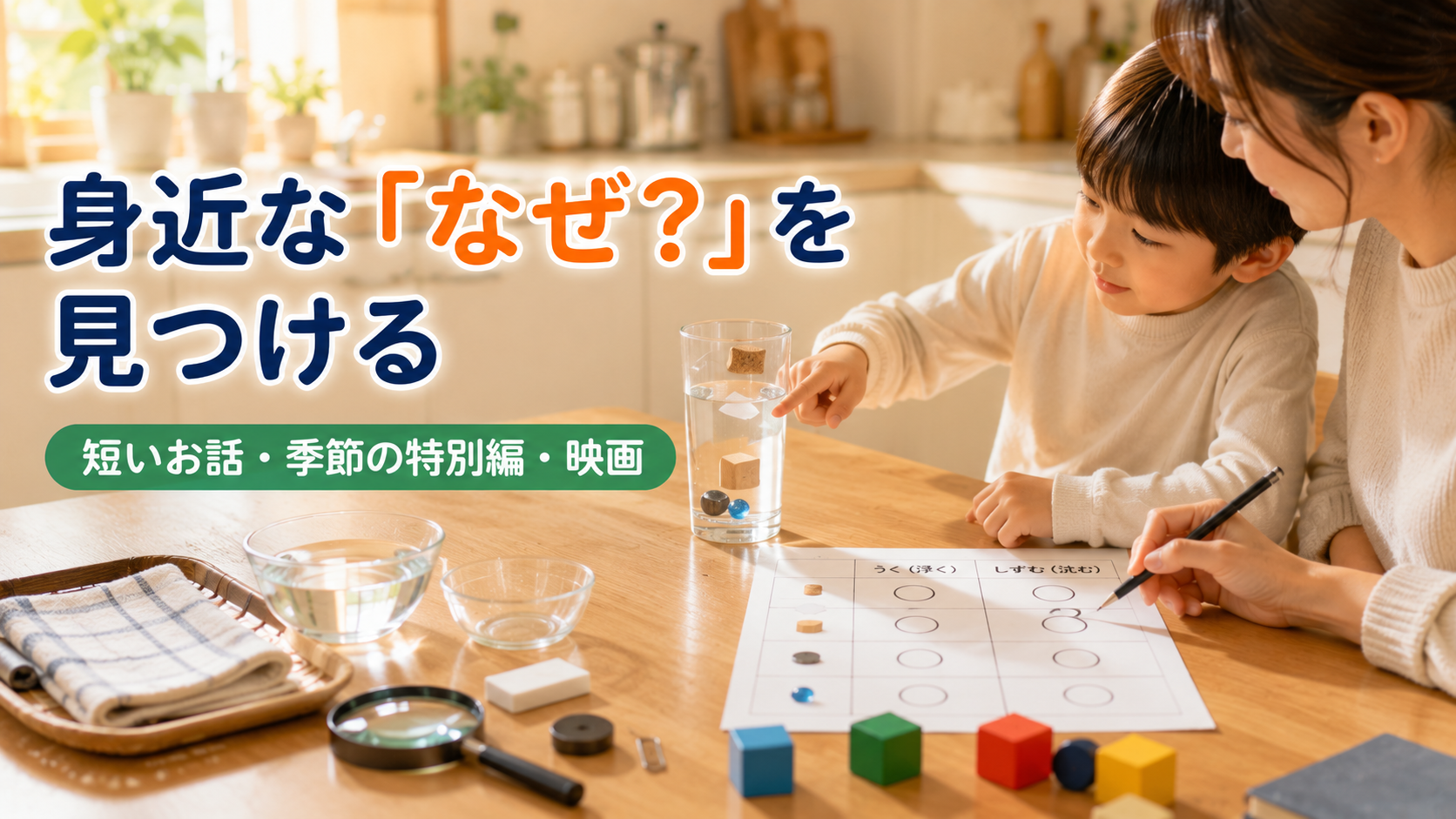 親子が透明なコップと身近な物を見ながら次に起きる結果を予想する場面