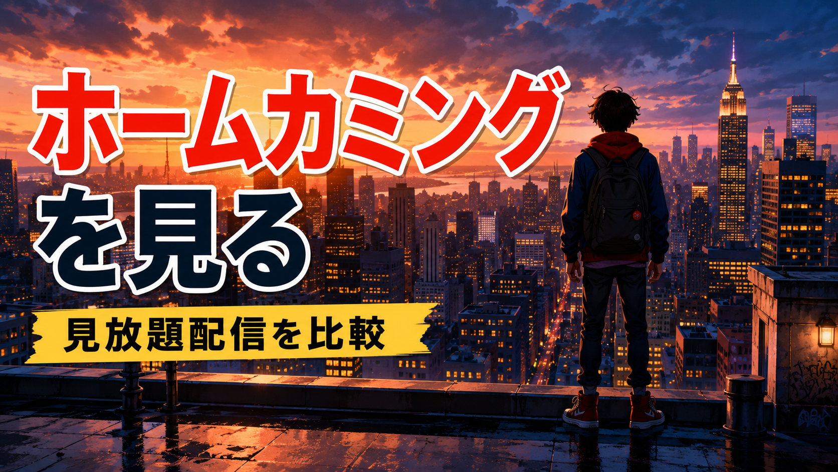 夕暮れの高層ビルを前に、学校帰りの若者がヒーローとして街へ踏み出そうとするイメージ