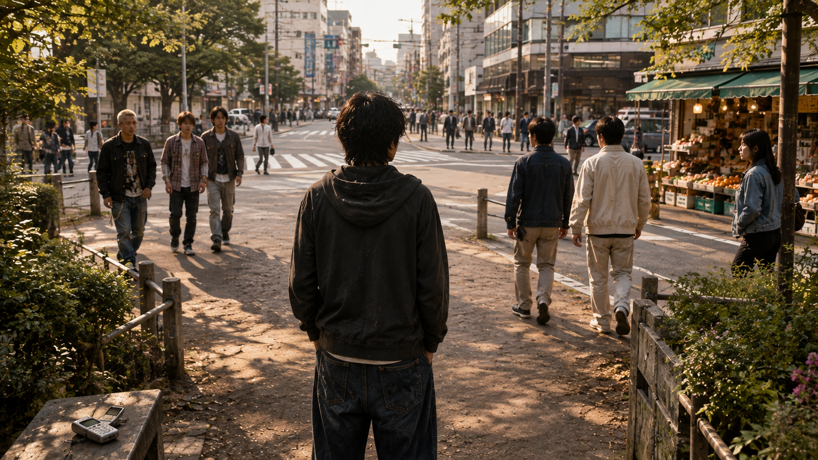 都会の街角で複数の人間関係の間に立つ若い男性をイメージした場面