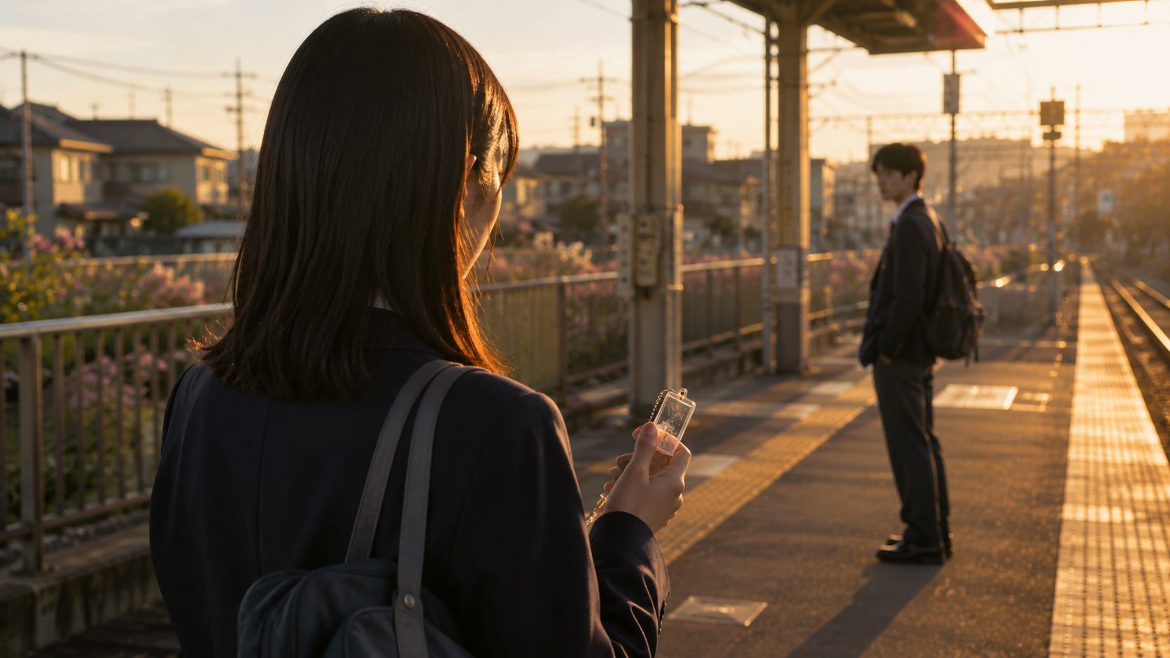 夕方の学校帰りのホームで少し距離を置いて互いを意識する高校生二人をイメージした場面