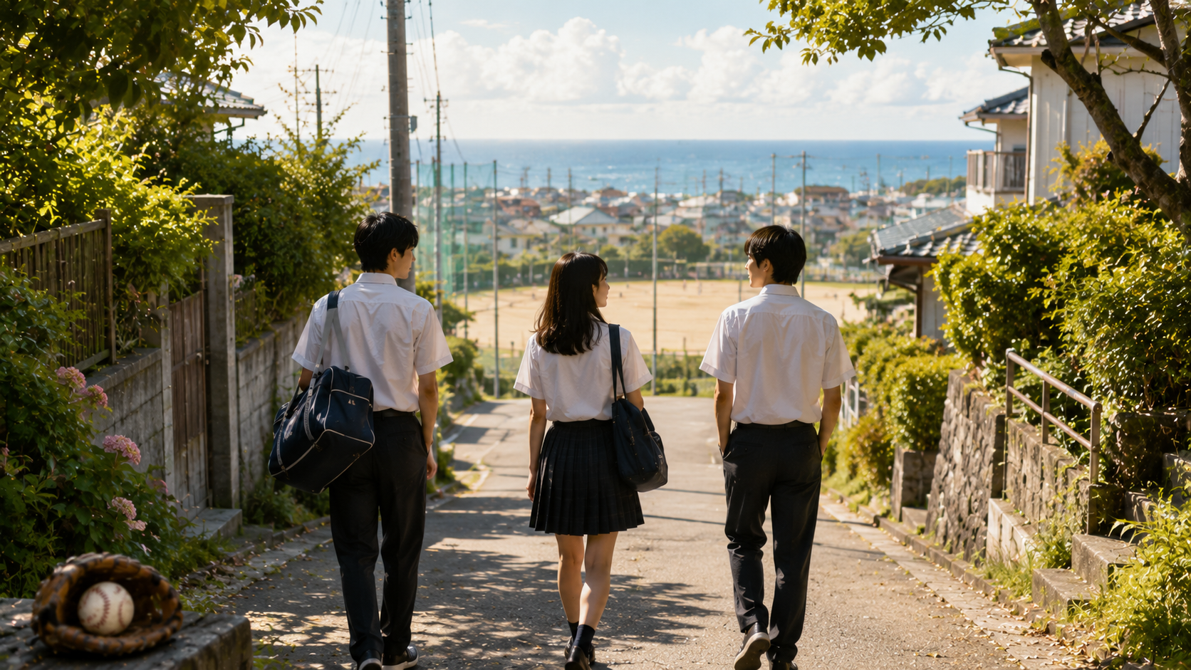 夏の住宅街を歩く高校生男子2人と女子1人、奥に野球グラウンドが見える青春アニメ風の場面