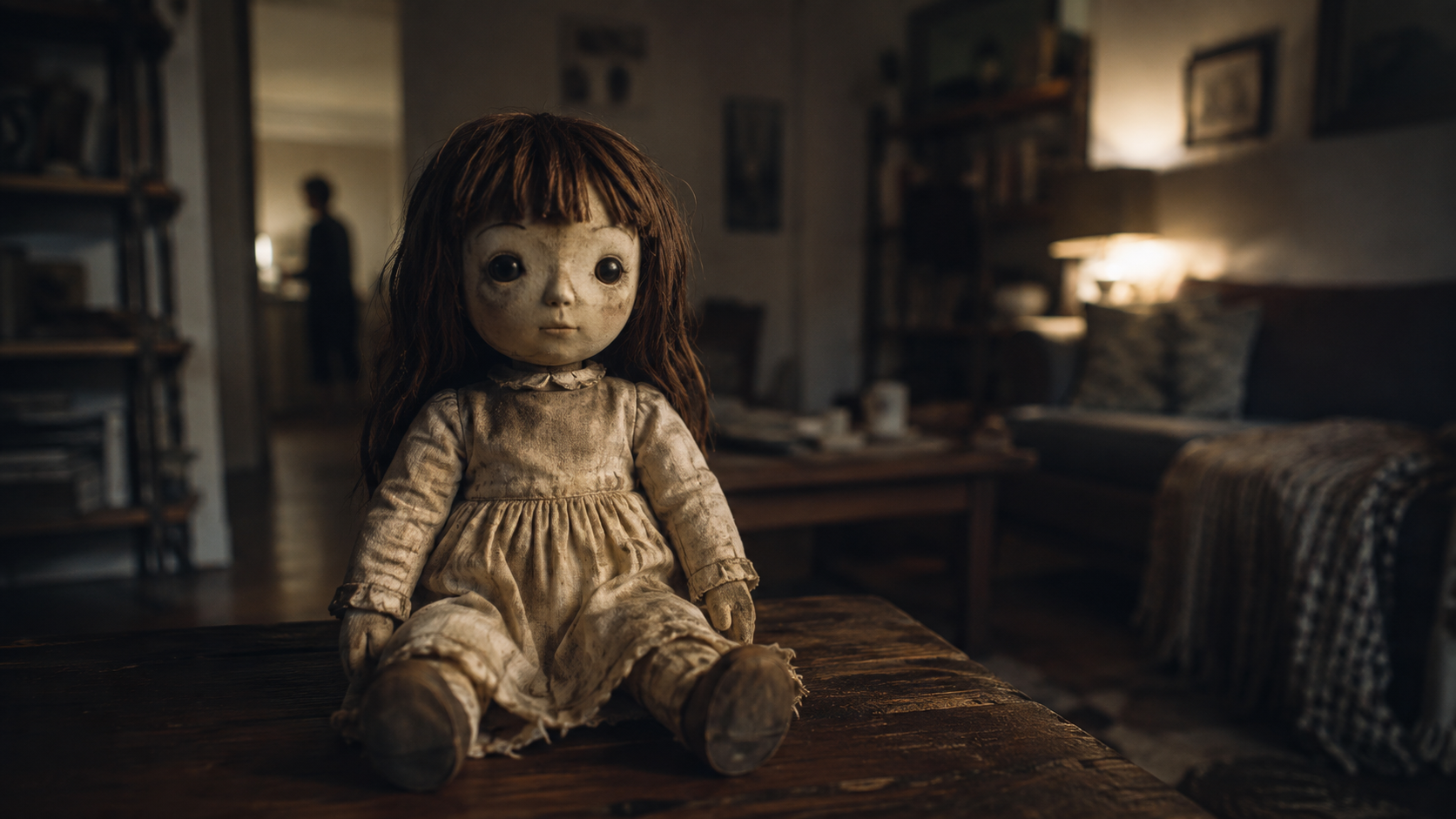 薄暗いリビングに置かれた古い人形と家族の日常の違和感を表現した映画『ドールハウス』配信記事のイメージ