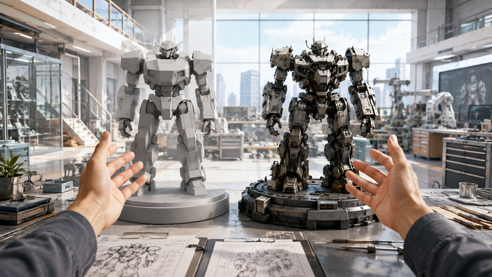 明るいメカニック工房で異なる表現方法の2種類のロボット設計模型を見比べる場面