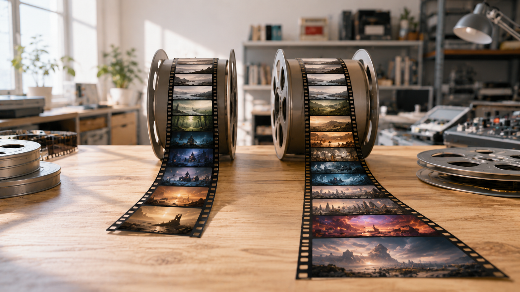 同じ始点から異なる内容へ展開する2本の映像フィルムを並べたイメージ